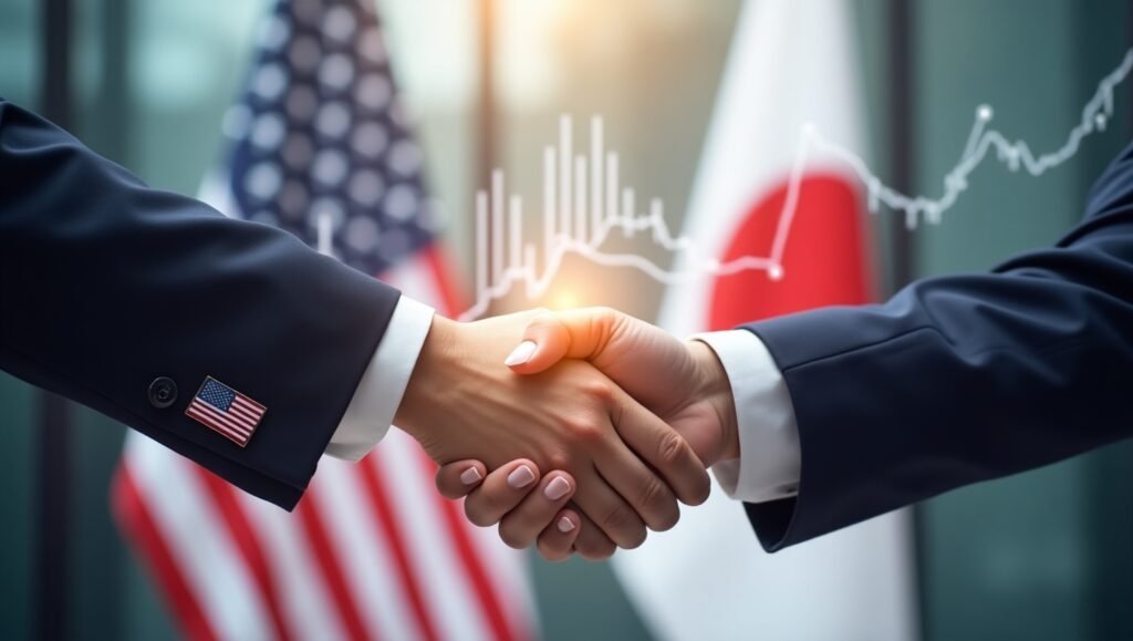Close-up of a handshake between hands wearing U.S. and Japan flag sleeves, symbolizing tariff agreement and trade cooperation, generated by AI.