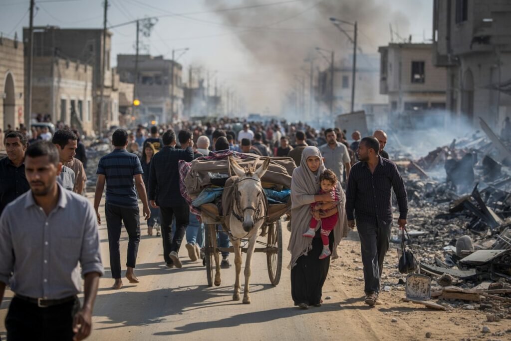 A crowd of Palestinian civilians walking through a destroyed street in Gaza, with smoke rising in the background and rubble scattered on both sides.