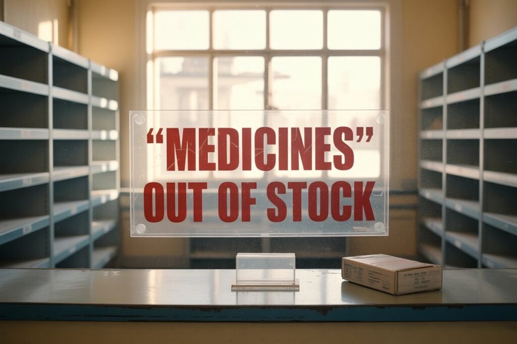 Empty pharmacy shelves with a “Medicines Out of Stock” sign, symbolizing the impact of US foreign aid cuts on global drug supply.