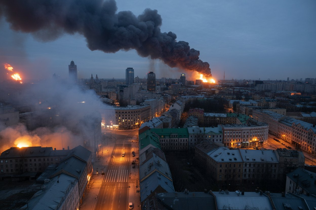 AI-generated image of Russia’s drone strike on Kyiv with heavy smoke, multiple fires, and city buildings under attack at dawn.