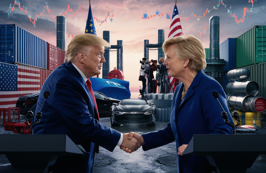 AI-generated image showing US President Donald Trump and European Commission President Ursula von der Leyen shaking hands in front of EU and US flags, symbolizing an EU–US trade deal. Background includes industrial elements like steel, semiconductors, and oil barrels.