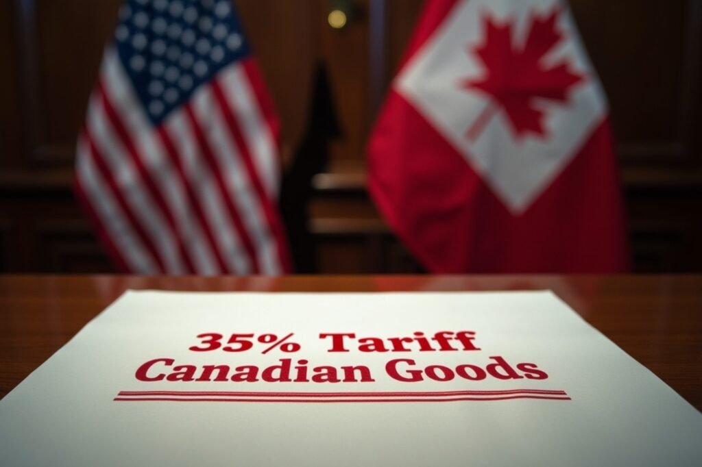 Document showing '35% Tariff Canadian Goods' with U.S. and Canadian flags in the background