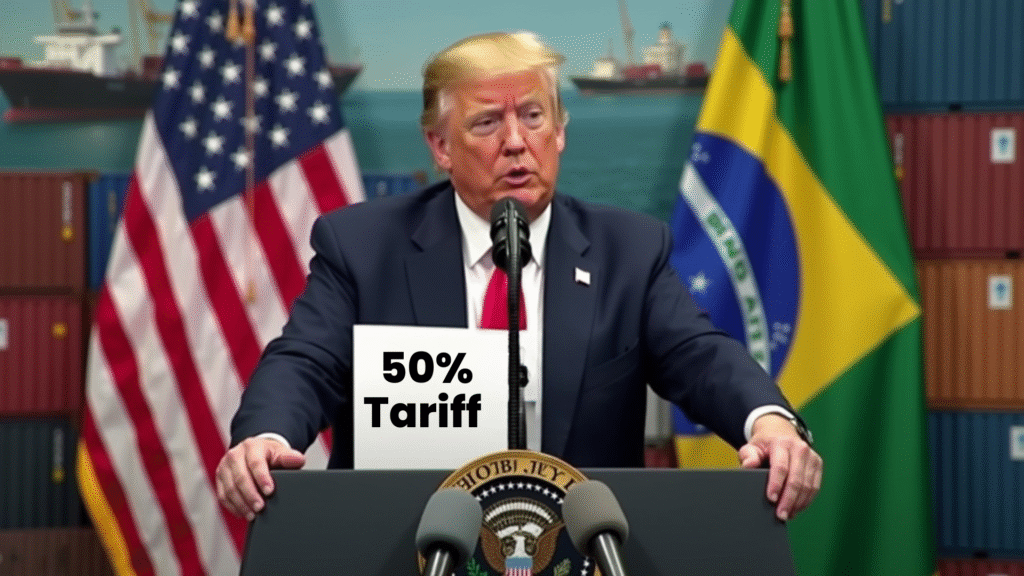 AI-generated image showing Donald Trump holding a 50% tariff paper, with U.S. and Brazil flags, shipping containers, and symbolic trade imagery.