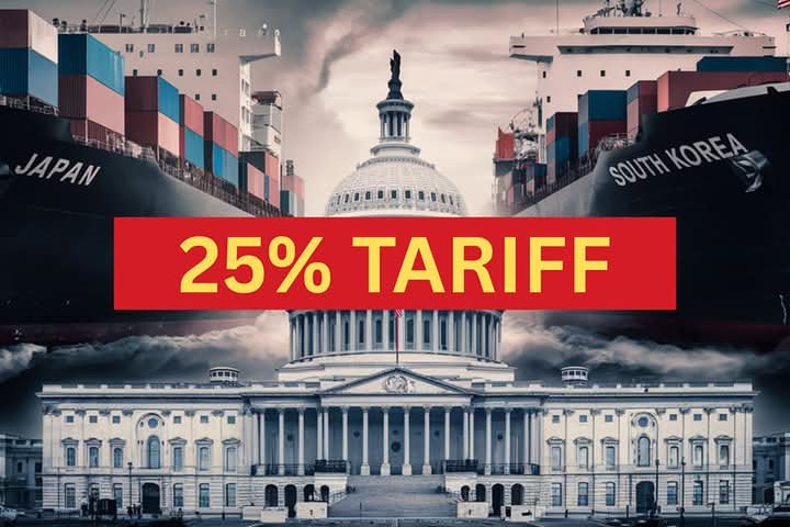 Container ships labeled "Japan" and "South Korea" face the U.S. Capitol building with bold red text reading "25% Tariffs" in the center, symbolizing trade tension.