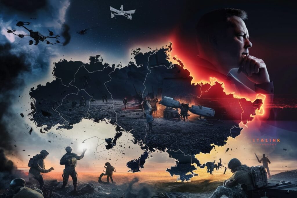 AI-generated image showing the Starlink shutdown in Ukraine with Ukrainian soldiers, a fading satellite, Elon Musk's silhouette, and a tense digital battlefield map.