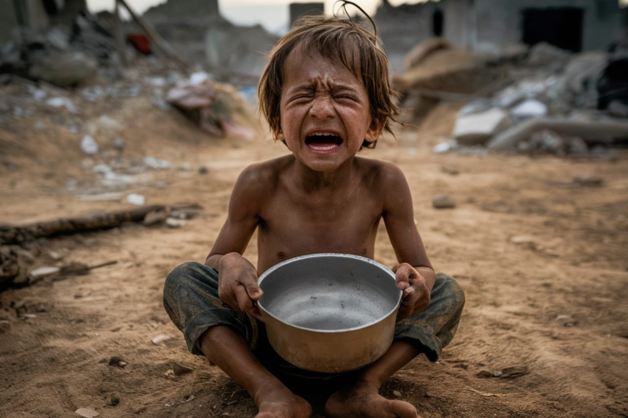 A malnourished child in Gaza crying with an empty pot during famine