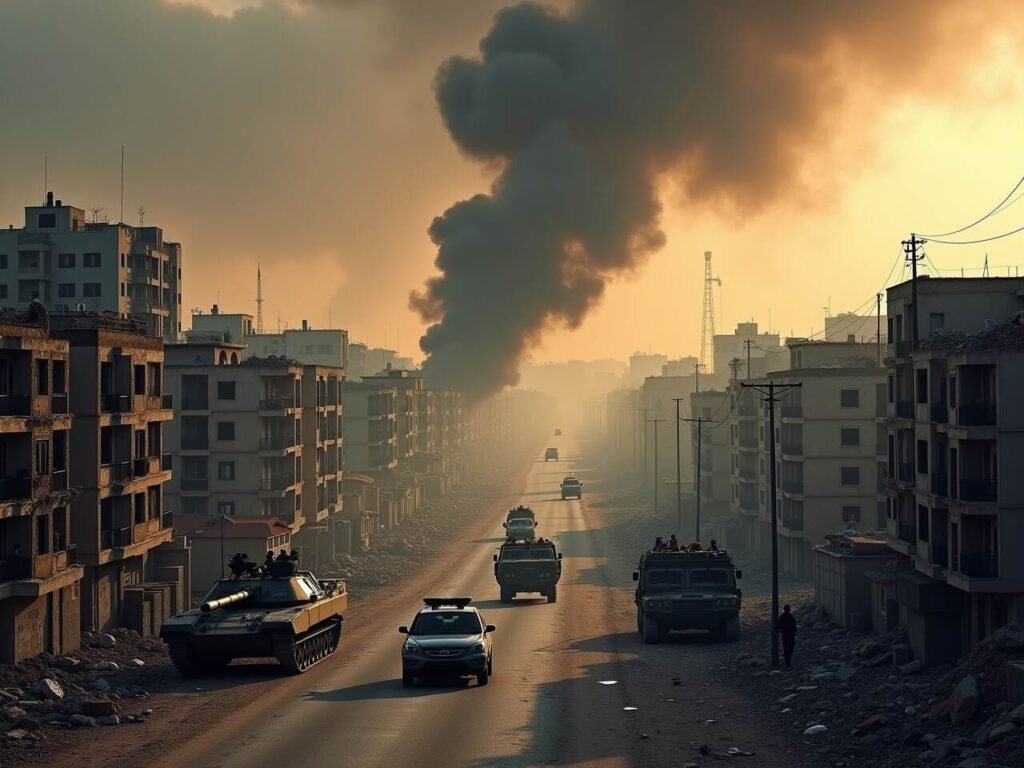 AI-generated image of military vehicles and tanks moving through a smoke-filled street in Deir al Balah, Gaza, with damaged buildings on both sides.