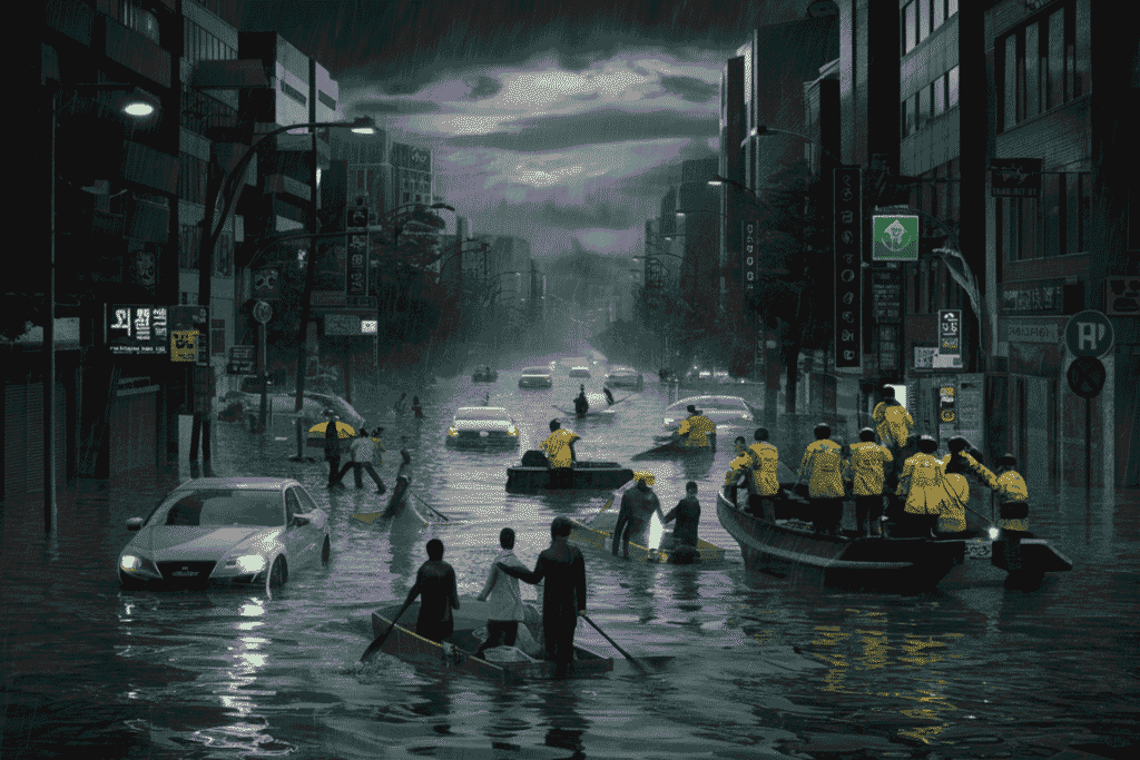 Rescue teams evacuating people during heavy floods in South Korea, July 2025