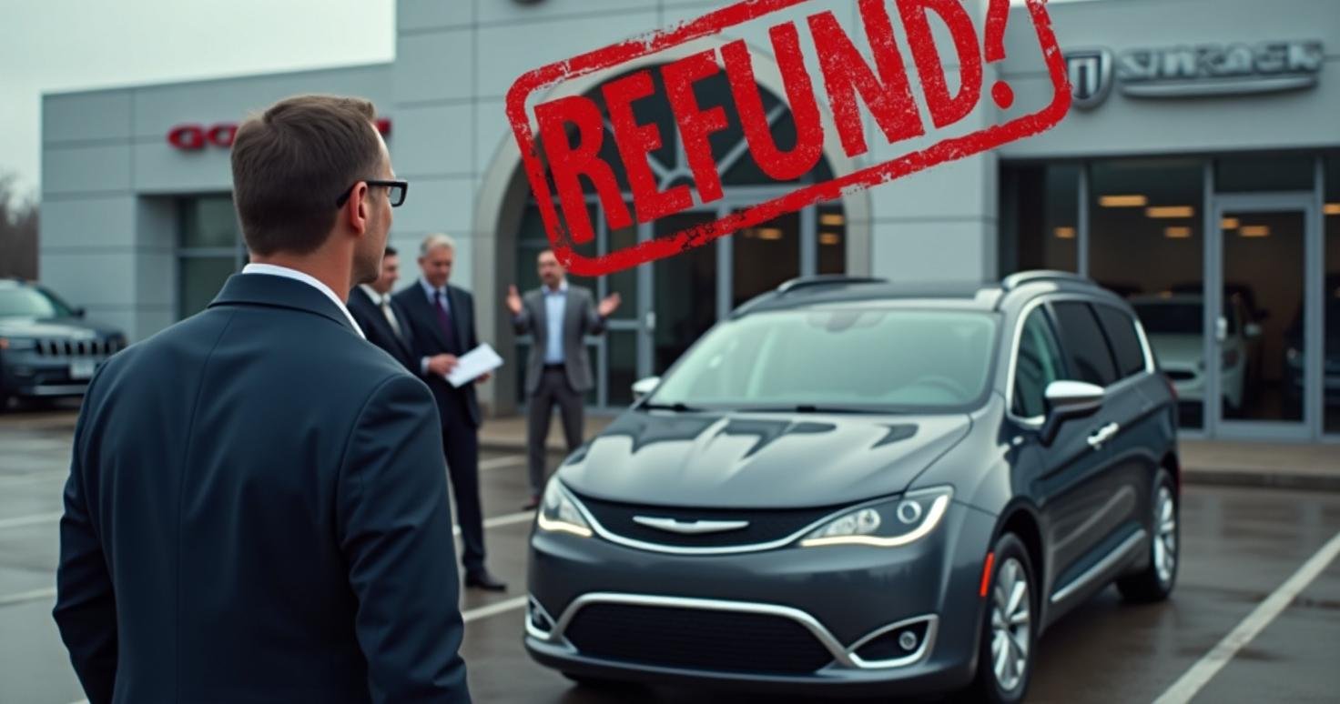 A person looking concerned near their FCA vehicle, with a "Refund?" label above the car, representing the possibility of compensation under the FCA refund plan.